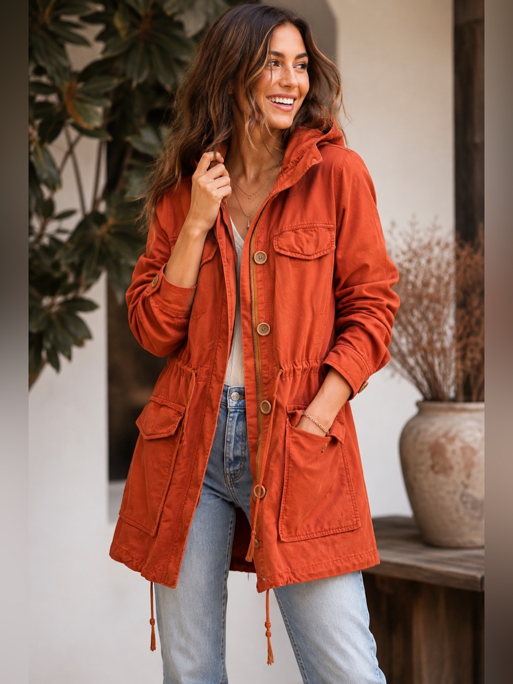 LOFT Harvest Anorak Jacket M Rust Orange Linen Cotton Hooded Utility Coat